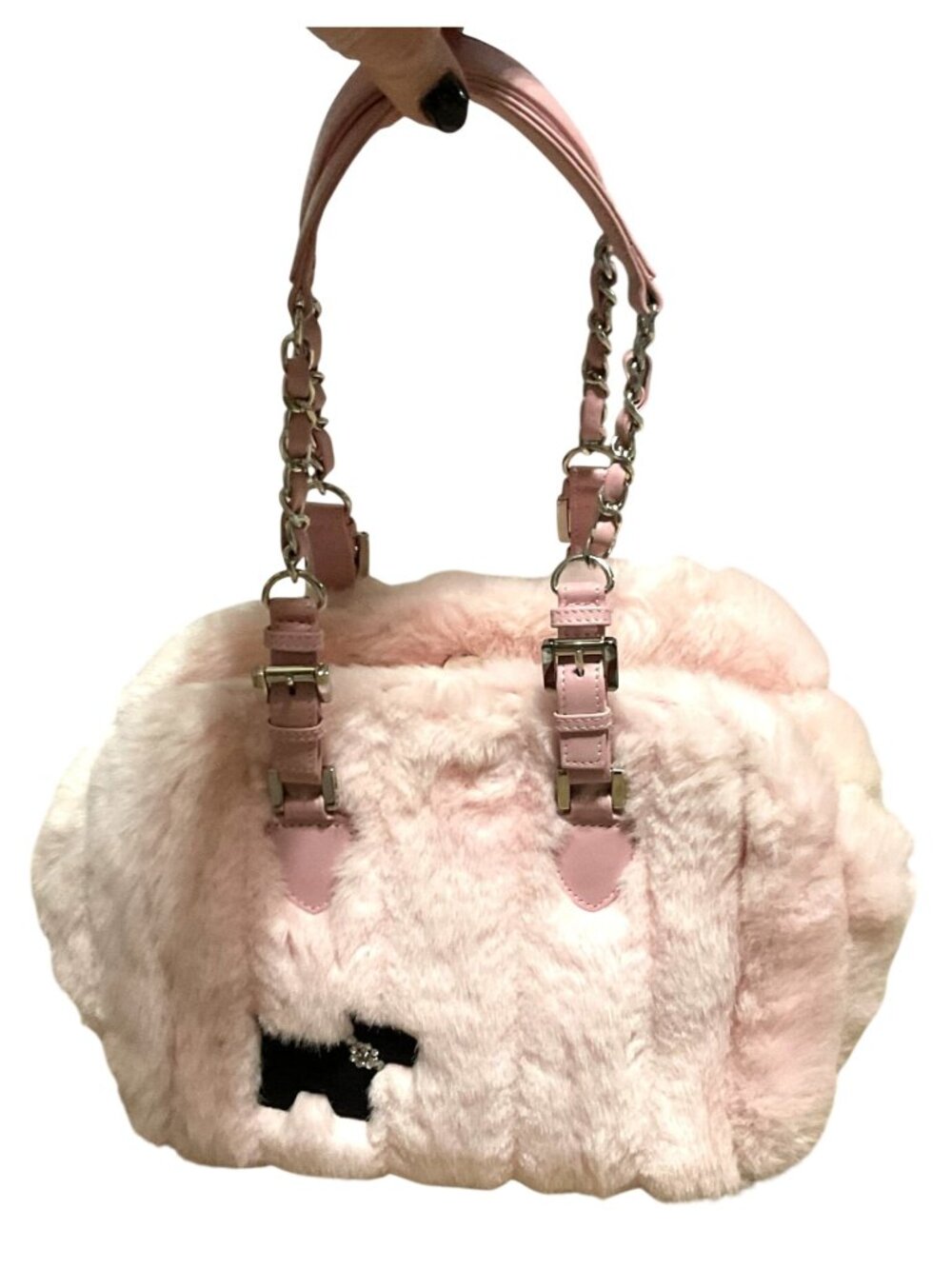 My Flat In London Scottie Pink Faux Fur Handbag With Chain Straps & Charm Accent